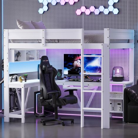 Lit mezzanine gaming en bois — Équipé d'un bureau, d'étagères de rangement, d'un éclairage LED et d'une station de recharge.