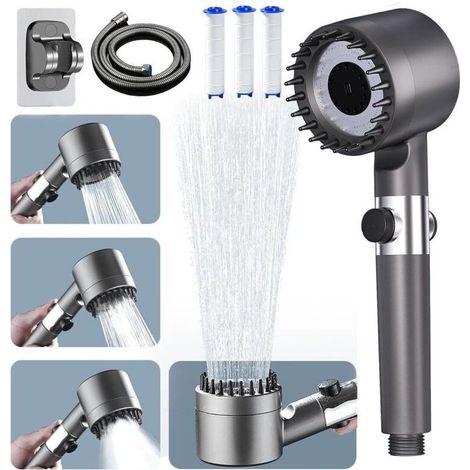 Pommeau de Duche Haute Pression. Pommeau de Duche Economie Deau avec Tuyau Douche 1.5M et Support de Douche. Salle de Bain Réglable à 3 Modes (1/4)