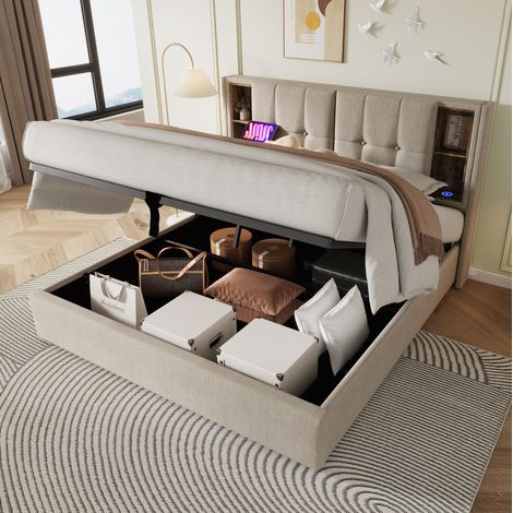 lit adulte rangement 140x200 chargement USB lin naturel OKMYHOME (1/5)