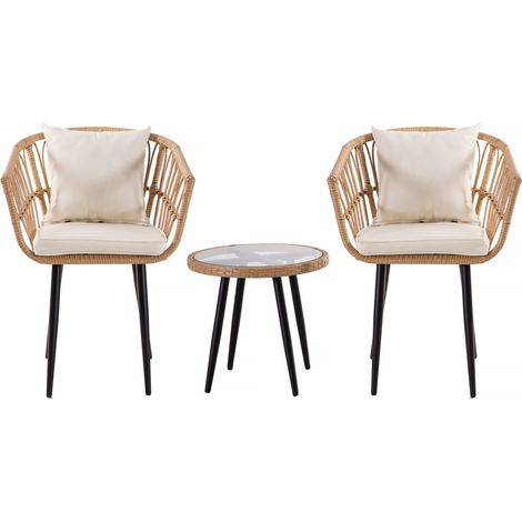 Habitat Et Jardin – Salon de jardin en rotin 2 places – Ensemble noir et bambou – 2 chaises confortables – Table avec plateau en verre 45x43.5 cm (1/4)