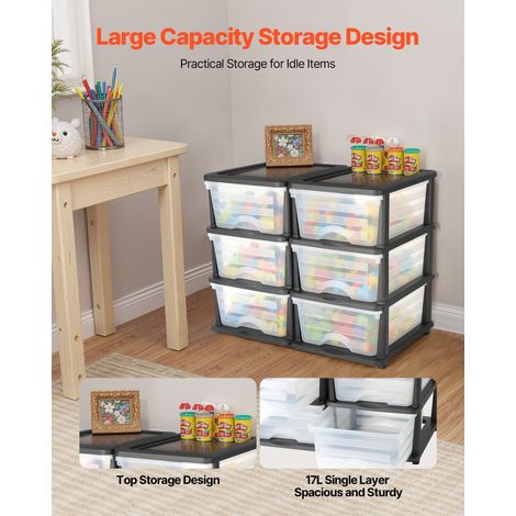 Tiroirs de rangement en plastique, lot de 2, tour de rangement à 6 tiroirs, organiseur à 3 niveaux, bacs transparents pour fournitu… (1/5)