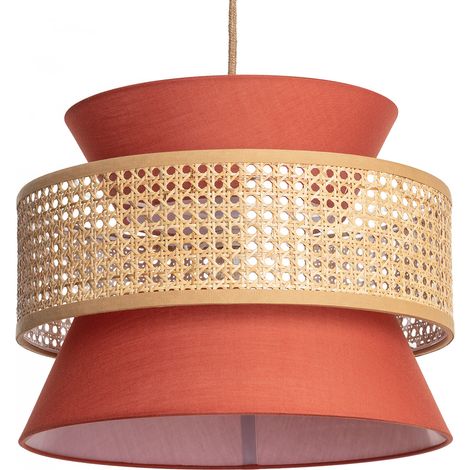 Ledkia – Suspension en rotin et tissu Chulu – Abat-jour en tissu de haute qualité – Dimensions 1750 mm x Ø400 mm – Éclairage doux et chaleureux