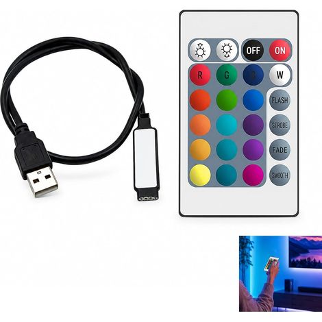 RGB USB LED Controller, RGB LED Strip Controller USB 5-12V with 24 Key IR Remote Control, Color and Brightness Dimmer for Ribbon, Multicolor Light Control Module with Dynamic Effects (1/5)