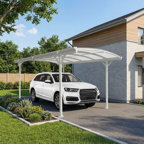 Carport aluminium blanc 3x4,34m – Polycarbonate 6mm traité anti-UV – Structure résistante aux intempéries – Abri pour véhicule – X-Metal (1/5)
