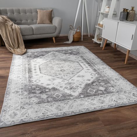 Paco Home Teppich Wohnzimmer Kurzflor Rutschfest Weich Orientalisch Bordüre Ornament 120x160 cm, Grau 2