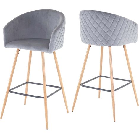2er-Set Barhocker HHG-201, Barstuhl Tresenhocker Küchenhocker mit Lehne, Metall Holzoptik Samt, grau