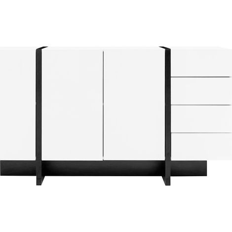 ELVMI Buffet et Enfilade avec 2 Portes et 4 Tiroirs, Finition Laquée Brillante, pour Salon en MDF 150 × 40 × 80.5 cm Blanc et Noir (1/5)