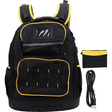 Sac à dos à outils avec plusieurs poches, compartiment rembourré pour ordinateur portable, en tissu Oxford, fond rigide et pochette pour câble USB-C. (1/5)