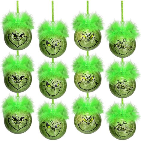 Set mit 12 grünen Haarkugeln zum Aufhängen, 6 cm Durchmesser, aus weichem Plüsch, zum Dekorieren des Weihnachtsbaums. (1/5)