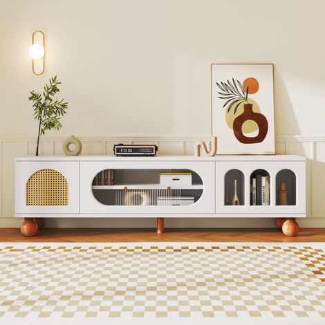 Tanant – Meuble TV 170 cm en bois massif – Portes vitrées et arches ouvertes – Poignées dorées – Pour salon et chambre – Blanc (1/5)