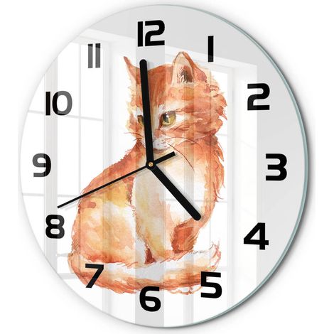 Horloge Murale Ronde Chambre Bureau Verre Silencieuse Design Moderne Élégant Chat roux fi 30 cm (1/5)