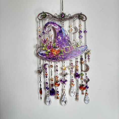 Carillon éolien attrape-soleil d'Halloween, citrouille fantôme et chauve-souris en acrylique, décoration à suspendre pour fenêtre et jardin, 20/30 cm, chapeau de sorcière 30 cm (1/5)