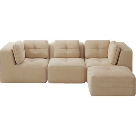Modulares L-Ecksofa aus beigem Rippenvelours, 3-Sitzer, ohne Montage (1/5)