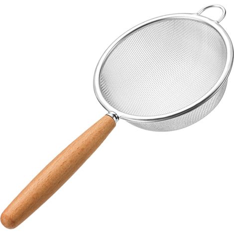 Stainless Steel Sieve 10 cm Kitchen Strainer with Wooden Handle, Fine Rack Ideal for Sifting, Draining and Filtering Flour, Thickened Polished Edge, Single Ear Hanging Hook (1/5)