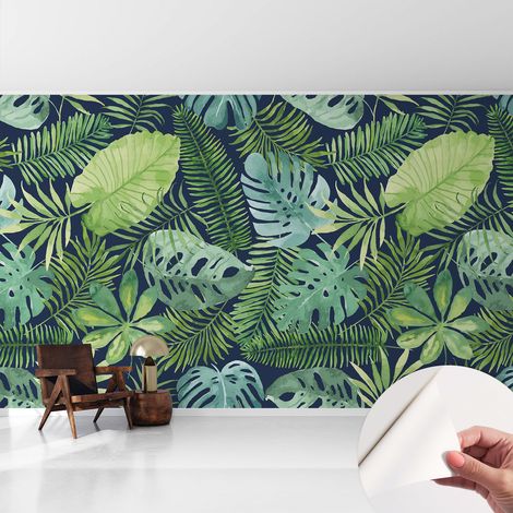 Papier peint adhésif décoratif pour salon chambre et cuisine Facile à poser avec colle Feuilles tropicales 416x254 cm (1/5)