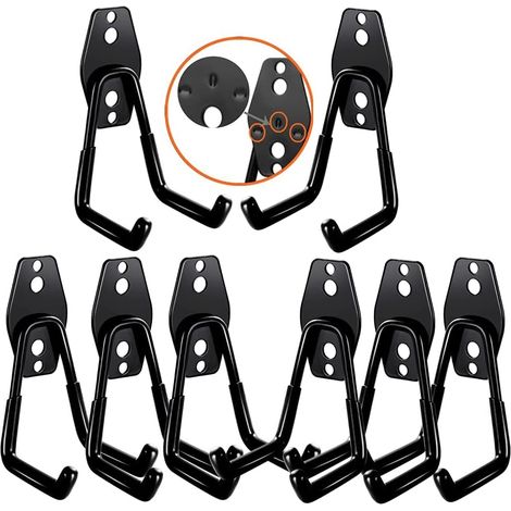 Ganchos de pared para garaje, almacenamiento en garaje, ganchos de pared de acero para escaleras, bicicletas, mangueras y herramientas eléctricas (8 unidades en negro) (1/5)