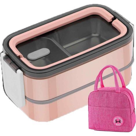 boîte à lunch isotherme,304Boîte à lunch portable rose en acier inoxydable à 3 compartiments + sac à lunch (1/5)