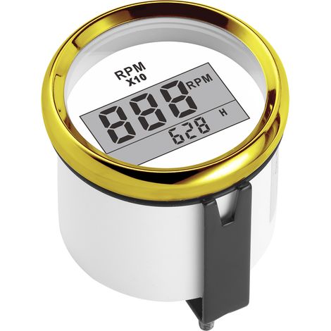 Drehzahlmesser 0–9990 U/min, IP67 wasserdicht, rote Hintergrundbeleuchtung, 52 mm/2 Zoll LCD-Zifferblatt, 9–32 V, weißer Hintergrund, goldfarbenes Gehäuse (1/5)