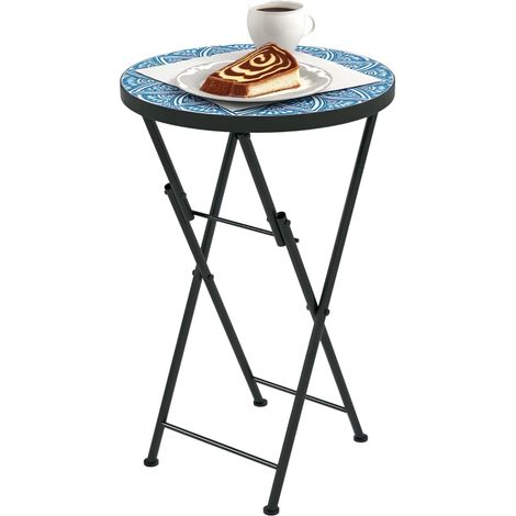 Table de jardin mosaïque, table de patio ronde et pliable avec structure en métal et plateau en céramique, motif mosaïque, bleue