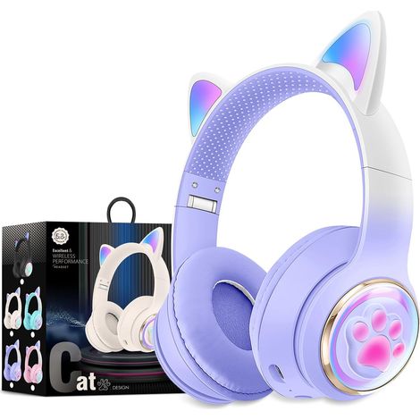 Casque Bluetooth pour enfants avec oreilles de chat mignonnes, lumières LED, pliable, stéréo, supra-auriculaire, microphone et prise jack - aquaforge (1/5)