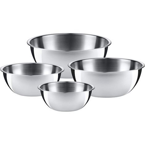 Set of 4 gourmet stainless steel bowls for the kitchen: mixing bowl, salad bowl, serving dish, stackable.