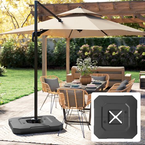 Lot de 2 poids de pied de parasol déporté en PEHD, lestables jusqu'à 105 kg, 101 x 101 x 12 cm, noirs (1/5)