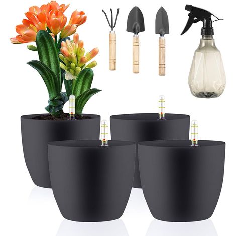 Lot de 4 Pots de Fleurs avec Indicateur d'eau en Plastique 15,5 x 13 cm Auto-Arrosage Réservoir d'eau avec Système d'irrigation pour Plantes Miniatures (Gris)