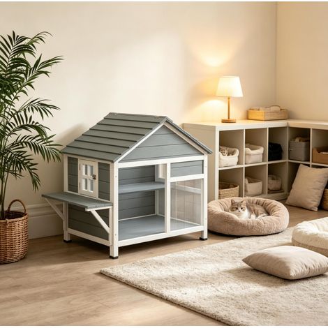 Caseta de exterior para gatos 101x72,5x81 cm de madera gris con techo abatible – MEUBLIV (1/5)