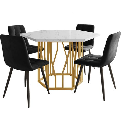 Set tavolo da pranzo 5 pezzi: tavolo esagonale effetto marmo MDF e 4 sedie in velluto nero (1/5)