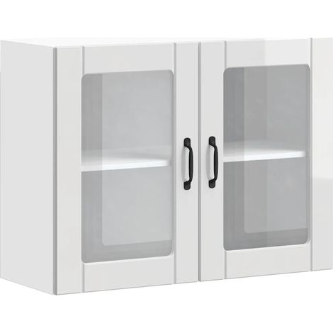 Mueble de cocina de pared de diseño moderno de 80 x 31 x 60 cm con puerta de cristal y madera de ingeniería blanca brillante 020050194 (1/5)