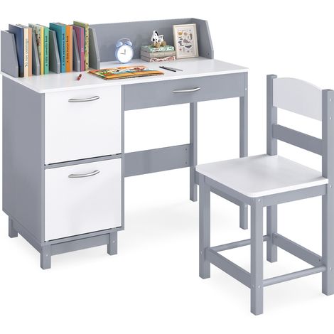 COSTWAY Kids Study Desk and Chair Set Wooden School Learning Table-Grey (1/5)