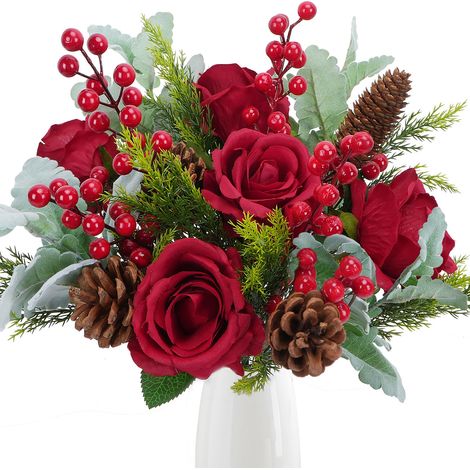Lot de 18 Bouquets de Fleurs de Noël artificielles  Bouquet mélangé, Branches de pin artificielles, tiges de Baies, Pommes de pin Rouges pour Noël, l'hiver, la Maison, la Table, Le Vase (1/5)