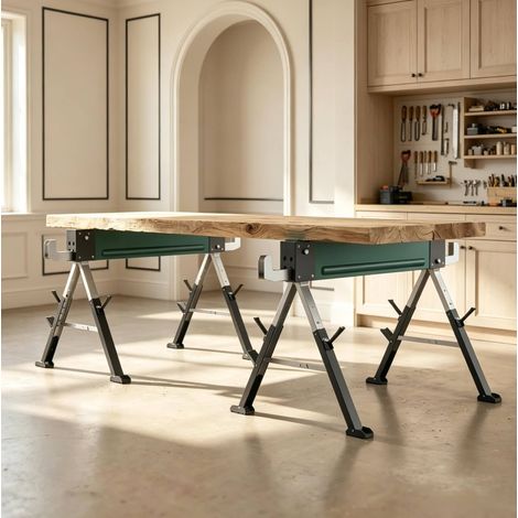Caballetes plegables de metal, lote de 2, altura regulable 64-81 cm, verde y negro DESVIAE (1/5)