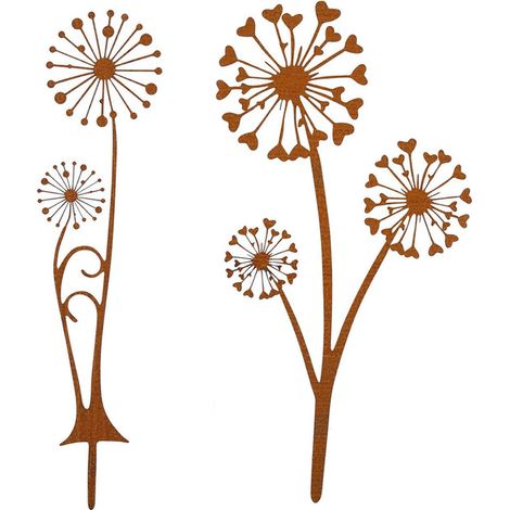 Lot de 2 Décorations de Jardin Pissenlit en Métal Rouillé - Piquets de Fleurs Vintage Résistants aux Intempéries pour Extérieur, Terrasse et Balcon