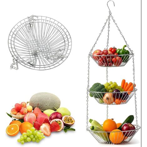 Panier Fruits et Légumes Suspendu H x D: 74 x 28 cm, Corbeille à en Métal, Paniers Niveaux, pour Pain Plante, Argent (1/5)