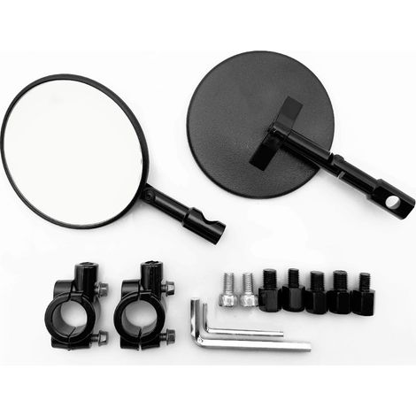 Round, foldable and adjustable motorcycle rearview mirror for quad bikes, beach buggies, and off-road vehicles.