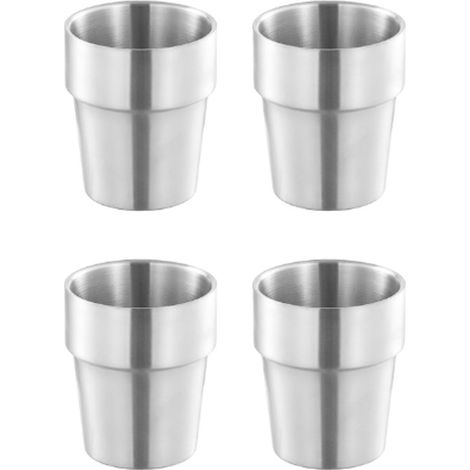 Confezione da 4 pezzi - Tazze - Capacità 180 ml - Bicchieri - Tazze da caffè - Acciaio inossidabile - Argento - Senza manico - Impilabili - Doppia parete - Riutilizzabili - Adatte per casa, ristoranti