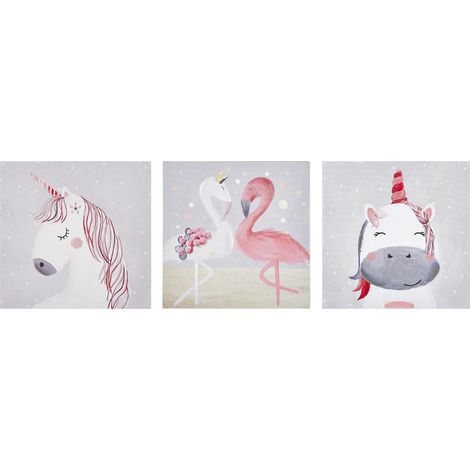 Conjunto de 3 cuadros en lienzo de poliéster gris rosa 30 x 30 cm ganchos habitación infantil Timia (1/5)