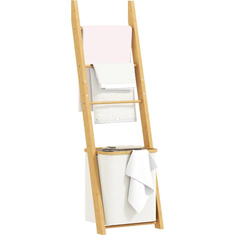 Étagère de salle de bain en bambou, porte-serviettes autoportant à 3 barres, panier à linge amovible de 48 L, couleur crème (1/5)