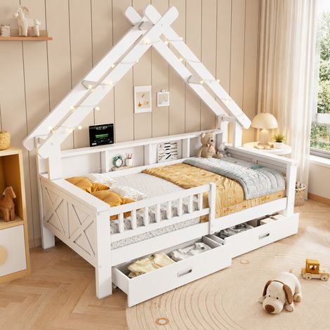 Lit cabane enfant 90x200 cm en MDF et pin blanc avec LED et rangement – MEUBLIV (1/5)