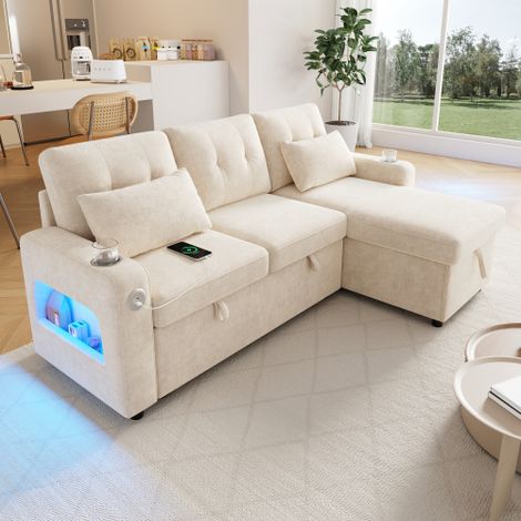 Divano angolare a L convertibile con funzione letto, contenitore, porte USB e illuminazione LED, beige (1/5)