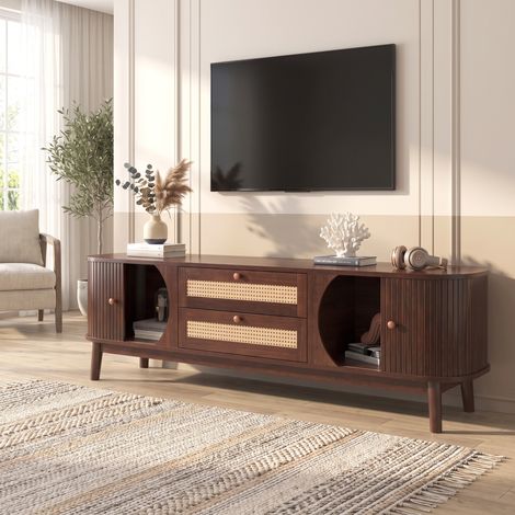 Meuble TV 170cm avec Portes Coulissantes et Tiroirs en Rotin Pieds en Bois Massif Style Rustique Naturel (1/5)
