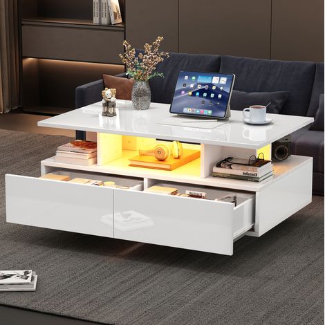 Mesa de centro LED 90 x 55 x 41 cm con 2 cajones, acabado blanco brillante DESVIAE (1/5)