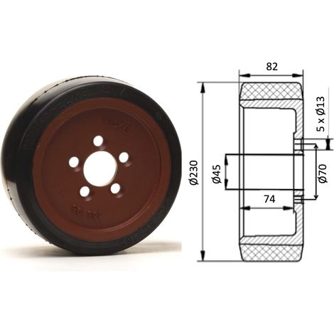 Roue motrice 230 x 90 - 5 trous CAOUTCHOUC NOIR ( Fenwick 00399033801 )