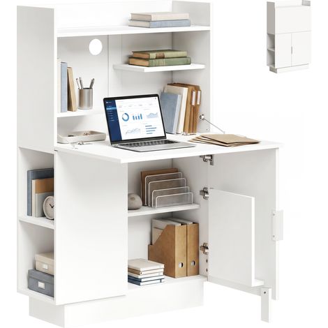 Homcom – Bureau d'ordinateur rabattable 80x30x128cm – Panneau de particules blanc – Rangement vertical avec étagères et placard – Pour espaces réduits