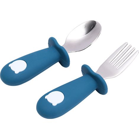 Lot de couverts bébé en acier inoxydable A10 bleu royal : fourchettes et cuillères alimentaires, silicone doux et sécurisé pour enfants. (1/5)