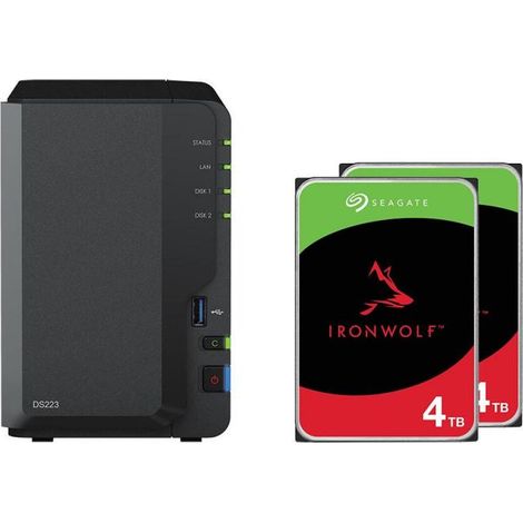 Gabinete vacío para servidor NAS Synology DiskStation DS223 de 2 bahías + discos duros Seagate Ironwolf SATA de 3,5" y 8 TB