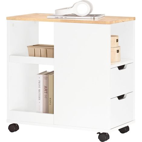 Sobuy – Bout de canapé FBT130WN – Table d'appoint avec 2 tiroirs – Compartiment ouvert – Meuble de rangement à roulettes – Dimensions L60xP30xH60cm (1/5)