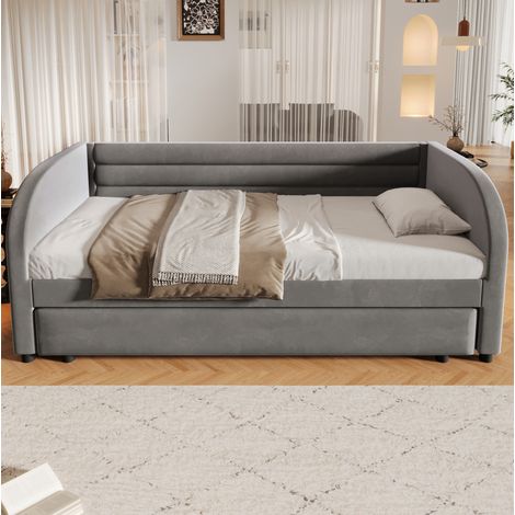Cama plataforma tapizada (211x100x73 cm), con cama extraíble y luces LED, MDF y flanela gris (1/5)
