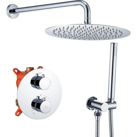 1 Ensemble Colonne Douche Thermostatique 38°C, Tête 12 Pouces Inox, Douchette Laiton, Système Encastrable Salle Bain